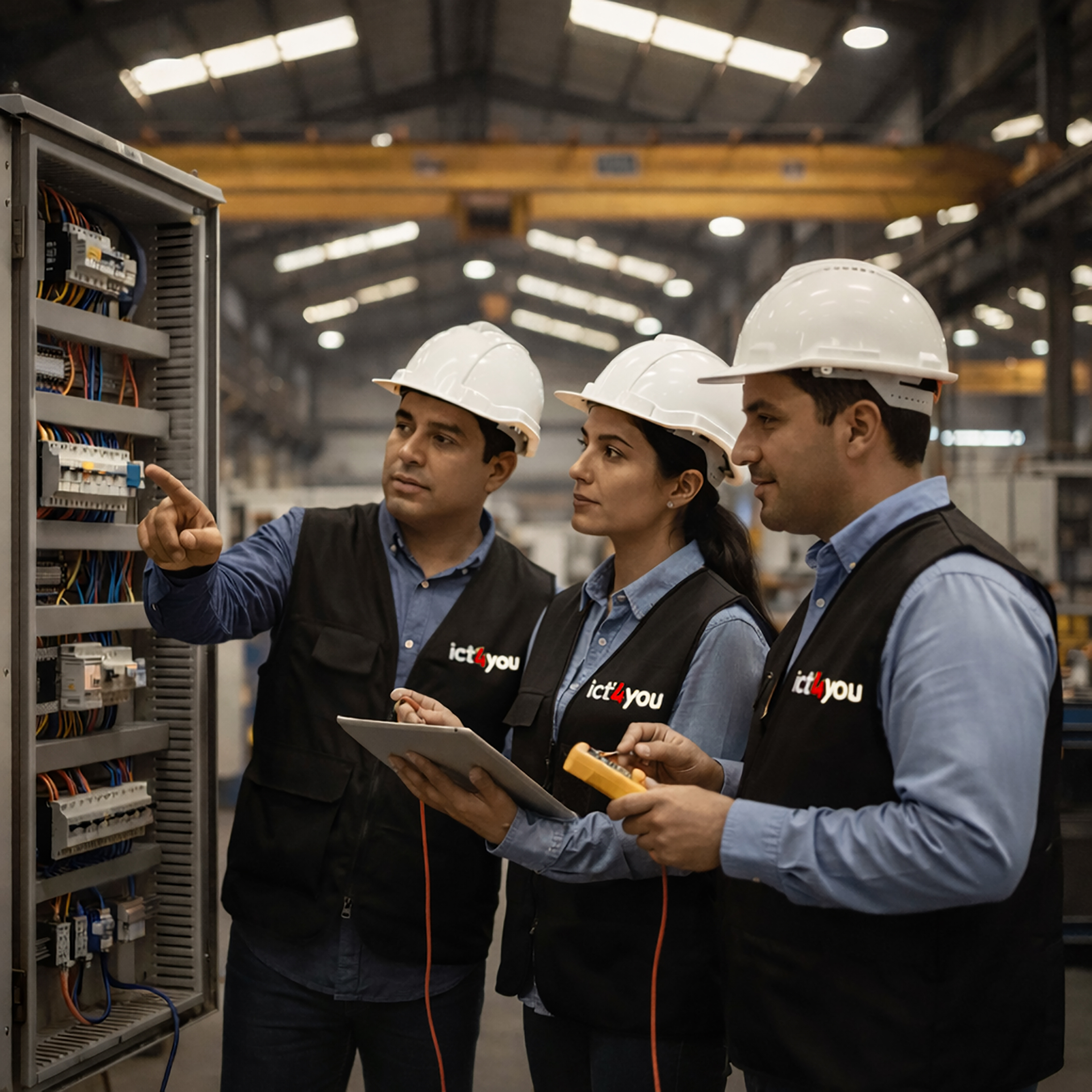 Ingenieros de ICT 4 YOU revisando un tablero eléctrico industrial para sistemas de automatización y control